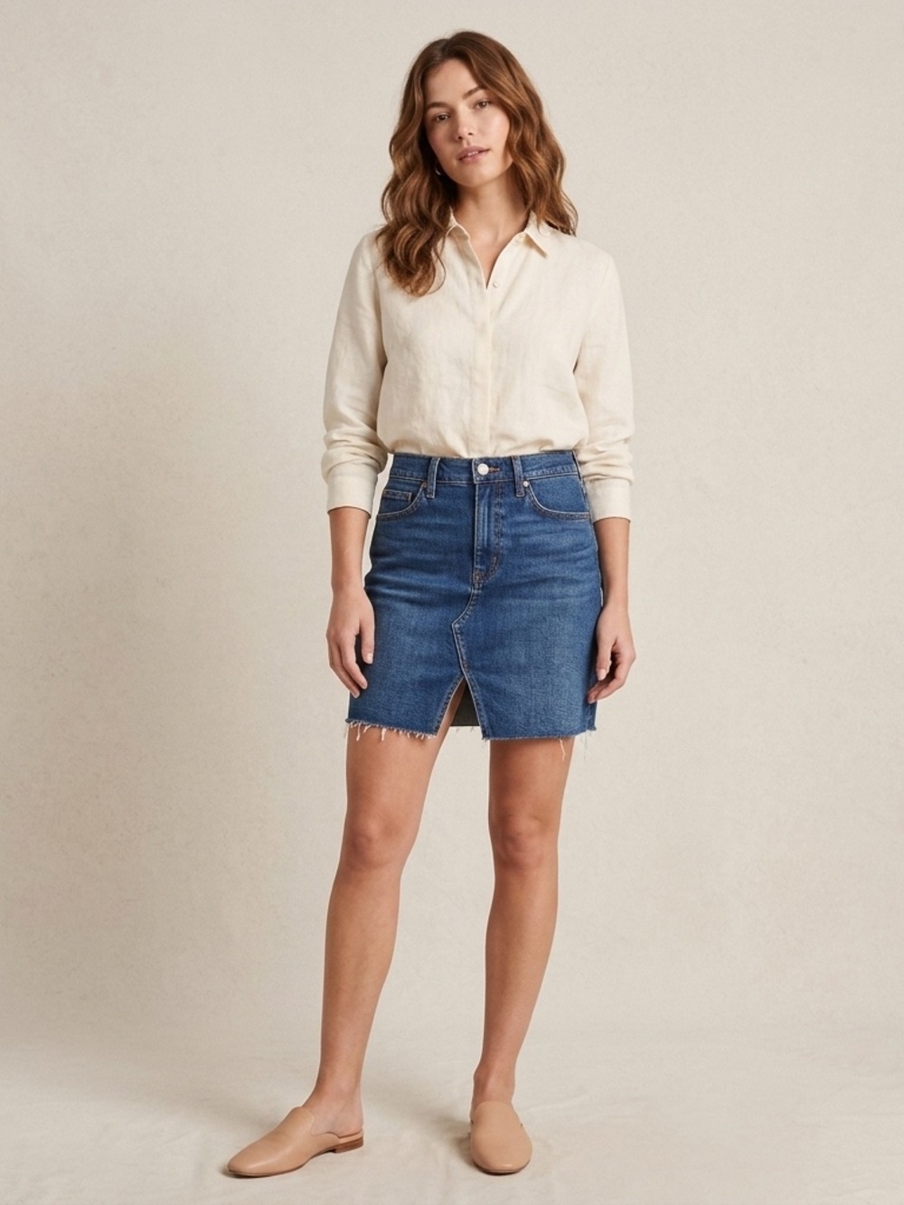 Madewell Women's Raw Hem Front Slit Denim Skirt Blue Stretch Midi  Size 27